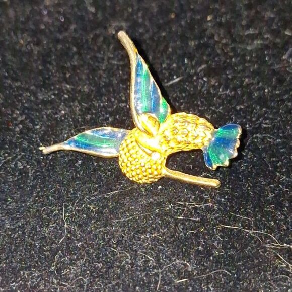 Enameled Vintage Hummingbird Pin Gold Tone Rhinestone Grandmacore Gift - Picture 8 of 8